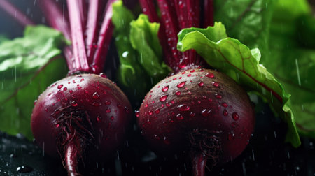 Closeup of Fresh beetroot vegetables with water drops over it.の素材