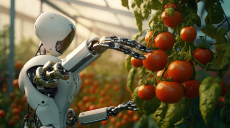 a Modern digital technologies robot with intelligence take care of crops tomato in greenhouses.の素材