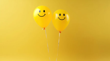 Happy positive family emotion concept, Two yellow balloons with emoji smile on yellow background empty space for text.の素材