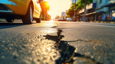 Road repair concept, Damaged pavement on the pedestrian sidewalk. Highway and cars.の素材