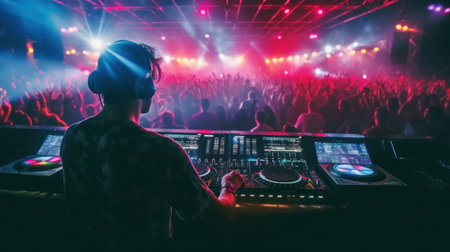 Dj mixing in a nightclub, crowd of people dancing. music and entertainment concept.の素材