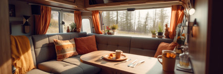 Cosy Interior of motor home camping car, furnishing decor of salon area, comfortable modern caravan house.の素材