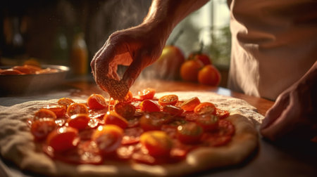 Close up of Chef spreading tomato sauce on dough while preparing pizza.の素材