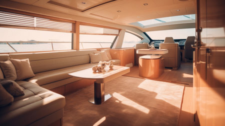 Interior of luxury motor yacht, furnishing decor of the salon area in a rich modern large sea boat design. Relaxation areas for water travel.の素材