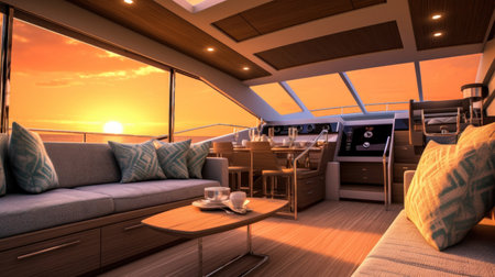 Interior of luxury motor yacht, furnishing decor of the salon area in a rich modern large sea boat design. Relaxation areas for water travel.の素材