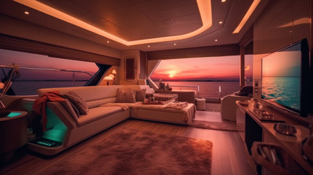 Interior of luxury motor yacht, furnishing decor of the salon area in a rich modern large sea boat design. Relaxation areas for water travel.の素材