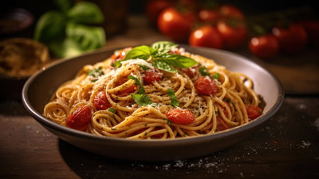 Italian spaghetti on rustic wooden table in the restaurant.の素材