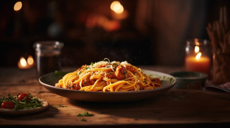 Italian spaghetti on rustic wooden table in the restaurant.の素材
