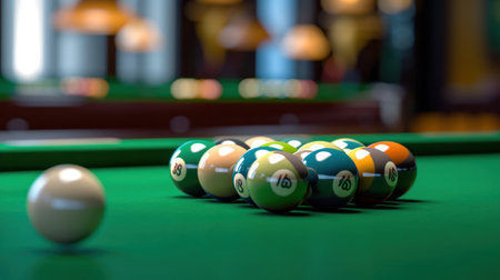 Billiard game, Billiard balls in a green pool table.の素材