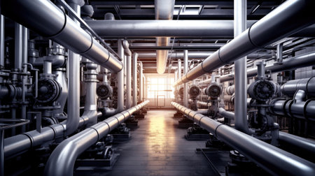 Steel water piping structure with circulation pumps and valves in industrial building.の素材
