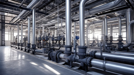 Steel water piping structure with circulation pumps and valves in industrial building.の素材