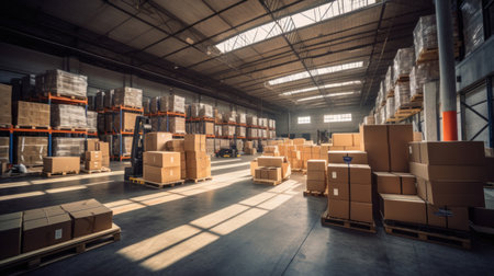 Boxes in modern large warehouse.の素材