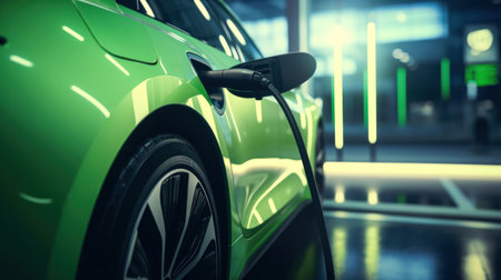 Automotive innovation, EV charging station for electric car or Plug-in hybrid car. Power supply connected to electric vehicle charge battery.の素材