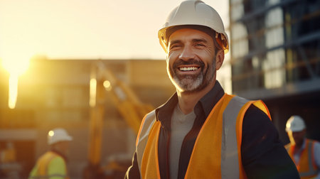 Portrait of A smiling engineer using a digital tablet on a construction site.の素材