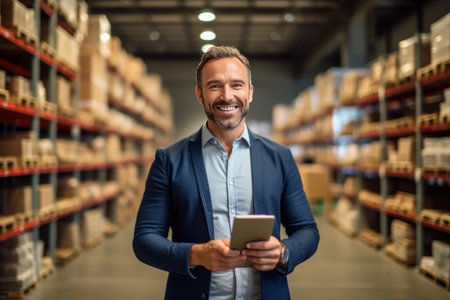 A happy salesman stand holding tablet in large warehouse.の素材