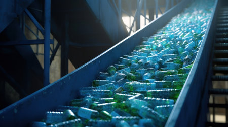 Close-up of Escalator with a pile of plastic bottles at the factory for processing and recycling. Recycling plant.の素材