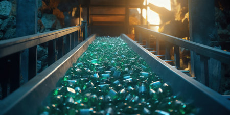 Close-up of Escalator with a pile of plastic bottles at the factory for processing and recycling. Recycling plant.の素材