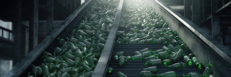 Close-up of Escalator with a pile of plastic bottles at the factory for processing and recycling. Recycling plant.の素材