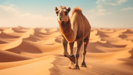 A camel going through the sand dunes, Gobi desert Mongolia.の素材