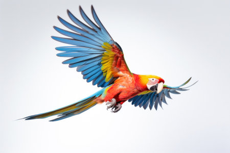 A colorful parrot flying on white background.の素材