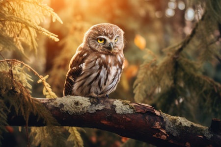 A little owl on branch in the forest.の素材