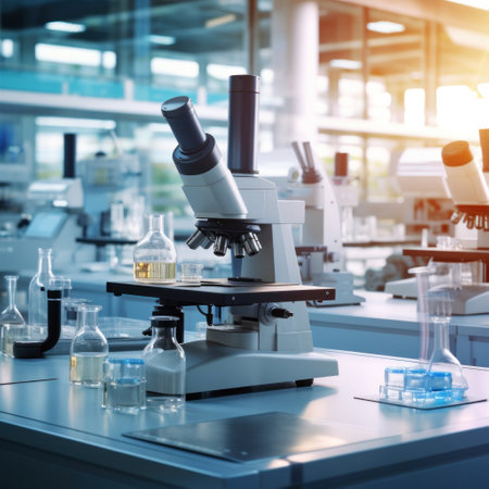 A microscope with lab glassware in modern medical laboratory. Microscope in lab.の素材