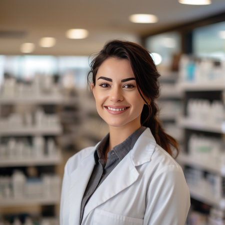 A smiling female pharmacist in a pharmacy looking at the camera.の素材