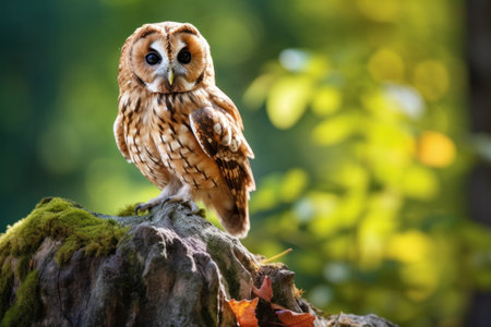A tawny owl perched on stone in nature forest.の素材