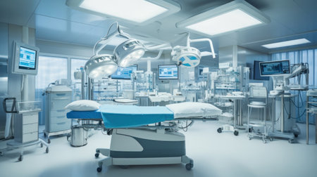 Advanced operating room with lots of equipment for surgical specialists.の素材