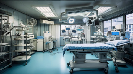 Advanced operating room with lots of equipment for surgical specialists.の素材