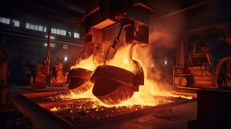 Foundry ladle pouring molten metal in steel industry factory.の素材