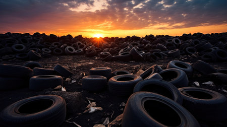 tires dumped in a big pile for recycling.の素材