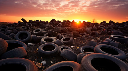 tires dumped in a big pile for recycling.の素材