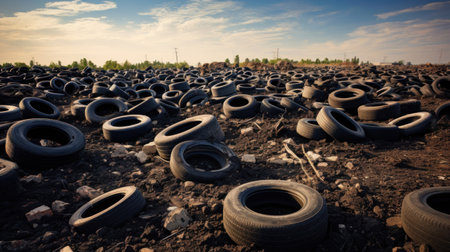 tires dumped in a big pile for recycling.の素材