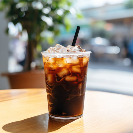 A black iced coffee on the table at a coffee shop.の素材