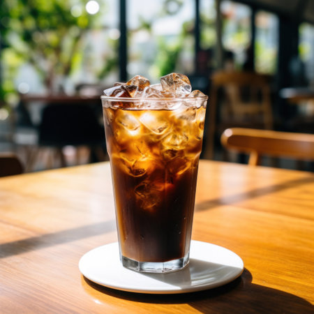 A black iced coffee on the table at a coffee shop.の素材