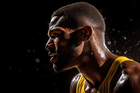 A professional man athlete with focus in his eyes and sweat pouring down.の素材