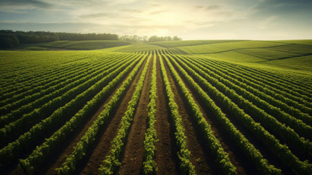 Aerial view of Green field with rows of vines for harvesting.の素材