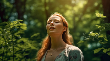 A relaxed woman breathing fresh air in a green forest.の素材