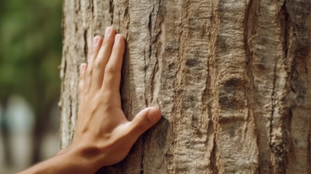 Close up hand of a man hand touch the tree trunk close-up. Bark wood.Caring for the environment. The ecology the concept of saving the world and love nature by human.の素材