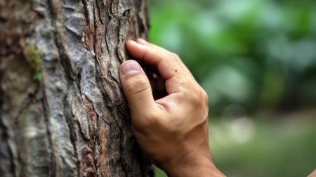 Close up hand of a man hand touch the tree trunk close-up. Bark wood.Caring for the environment. The ecology the concept of saving the world and love nature by human.の素材