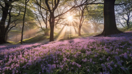 Beautiful woodland bluebell forest in spring. Purple and pink flowers under tree canopys with sunrise at dawn. Scenic forest background.の素材