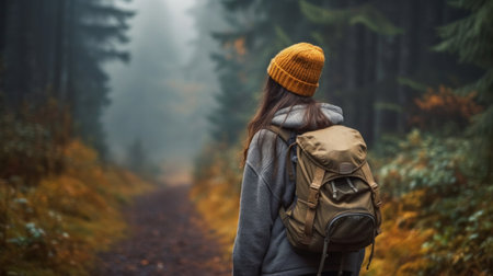 Behind of a woman with backpack and knit hat hiking in forest at fall season.  Foggy cold morning weather in autumn.の素材