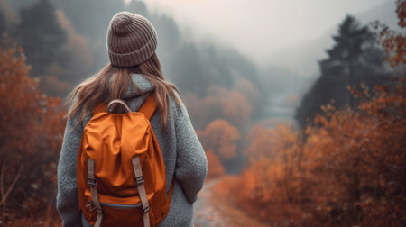 Behind of a woman with backpack and knit hat hiking in forest at fall season.  Foggy cold morning weather in autumn.の素材