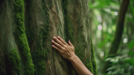 Nature lover hugging trunk tree with green musk in tropical woods forest. Green natural background.の素材