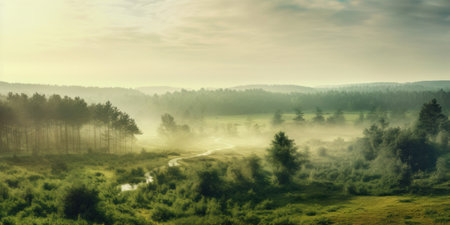 Panoramic view of forest with morning fog vintage style.の素材