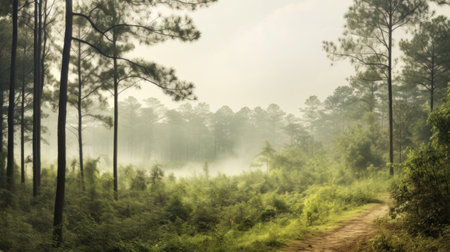 Panoramic view of forest with morning fog vintage style.の素材