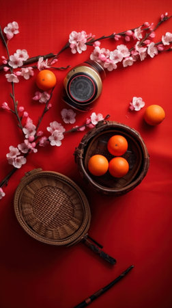 Accessories Chinese new year festival decorations.orange,leaf,wood basket,red packet,plum blossom,teapot on red background. Top viewの素材