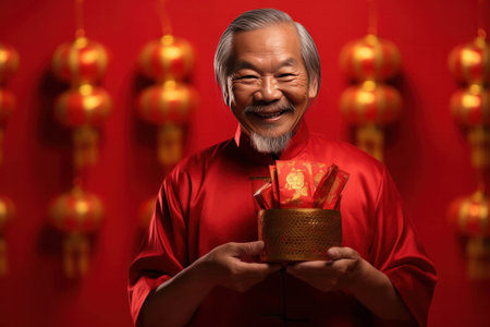 Asian senior man holding angpao or red packet monetary gift and gold ingot isolated on red background. Happy Chinese new year.の素材