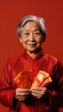 Asian senior woman holding angpao or red packet monetary gift and gold ingot isolated on red background. Happy Chinese new year.の素材